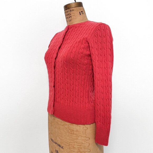 Vintage L.L. Bean Red Lambswool Blend Cable Knit Cardigan Sweater Size Small - Picture 9 of 15